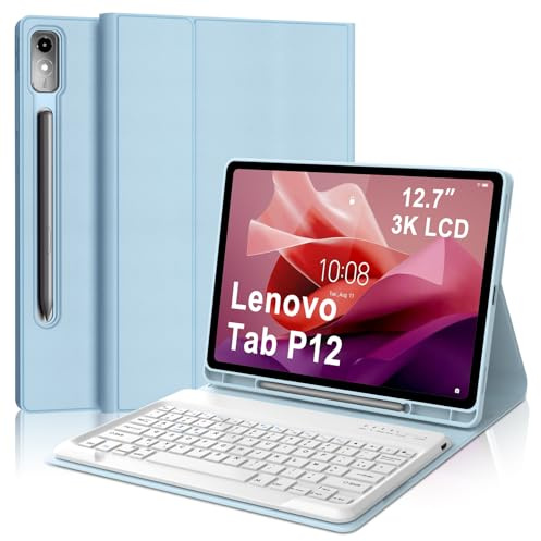 Coque Clavier pour Lenovo Tab P12 12.7 Pouces, AZERTY Français Housse Clavier Bluetooth Magnétique Détachable avec Porte Crayon pour Tablette Lenovo Tab P12 12.7 2023 (TB370FU), Bleu Ciel