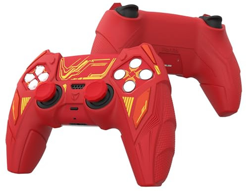 playvital Coque pour ps5 Grip Manette avec Protection Joystick pour ps5 Accessoires & Autocollant,Housse Étui Silicone Compatible avec Station Charge Cover Skin-Rouge Érable & Rouge Brique,Méca Rhino