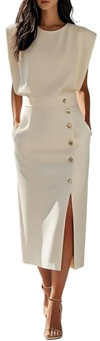LIUYUYOUGO Vestito Donna Abito Midi Aderente da Donna Elegante Abiti Tubino Avvolgente con Scollo Rotondo E Bottoni Laterali Vestiti Lungo da Lavoro E da Ufficio con Tasche da Cerimonia