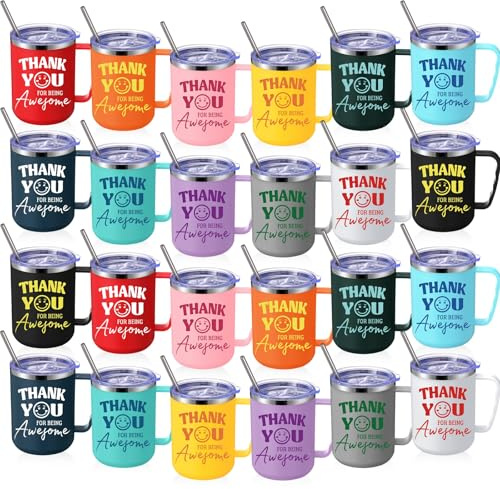 Sieral 24 Pcs Thank You Smile Face Coffee Mug Employee Appreciation Gift for Being Awesome 17oz Camping Mug with Handle Vacuum Stainless Steel Insulated Travel Tumbler for Hot Cold Drinks