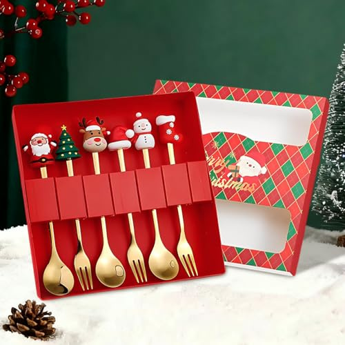 WEFHEF Set Posate Natalizie in Acciaio Inox da 6 Pz, Cucchiaio e Forchetta Natalizi, Cucchiaini da Tè e Caffè con Simpatica Decorazione 3D, Cucchiaino Natale per Dessert Regalo per Festa Compleanno