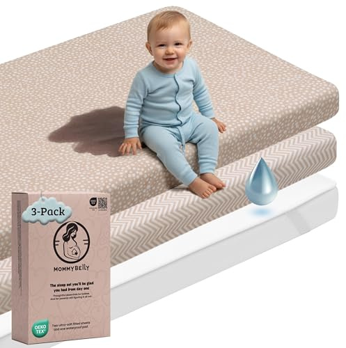 Mommybelly 2 Spannbettlaken Kinderwagen 35x75 + Matratzenschoner, Beige | 100% Baumwolle Jersey und Frottee-Matratzenschoner. Kinderwagen, Buggy und Stubenwagen. Gegen Spucken und Sabbern