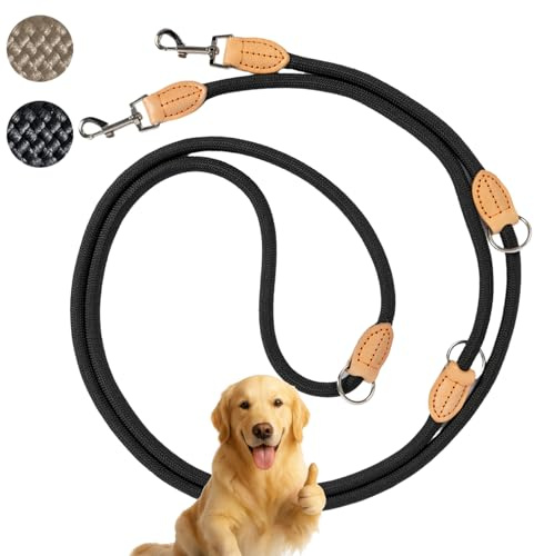 LeileiPaws 3 m Verstellbare Multifunktions-Hundeleine aus Nylon & Leder – Führ-, Schulter- & Hüftleine für kleine bis große Hunde – Robust für Training, Spaziergang & Joggen (Schwarz, 3m x 1.2cm)