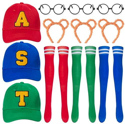 E1mity 15 Stück Chipmunks Costume Set, Streifenhörnchen Fancy Dress | Ohr-Stirnband Bunte Socks Mützen Brillen Buchstaben-Aufnäher für Karneval Halloween Weltbuchtag Erwachsene Teenager Dress-Up
