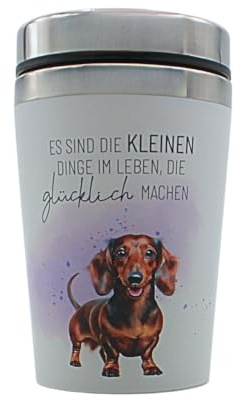 Dekohelden24 Thermobecher/Becher to go, Isolierbecher, Reisebecher, Motiv : Dackel, Es sind die kleinen Dinge im Leben, die glücklich Machen, Maße H/ : 13,5 x 8,4 cm, Fassungsvermögen: 240 ml.