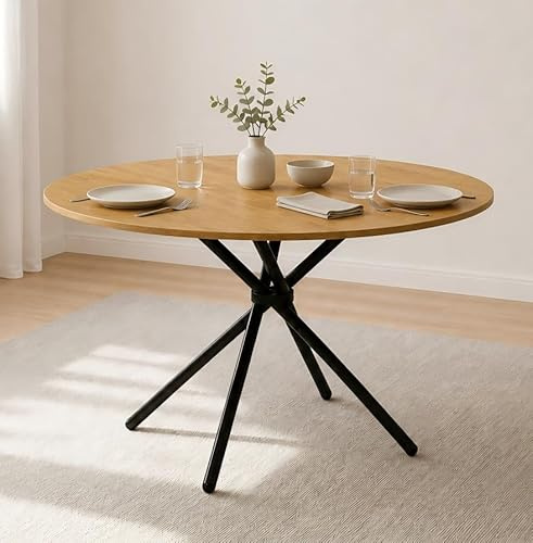 Xinyvee Esstisch Rund 100 cm Esstisch Holz in Holzoptik Eiche Runder Küchentisch für Esszimmer Modern Esszimmertisch mit Metallbeinen Kleiner Holztisch für 4 Personen Wohnzimmer Tisch
