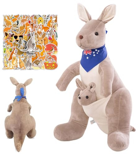 SYTTNUM Känguru Realistisches Plüsch, Stofftier Känguru, Kängurus Kuscheltier mit Baby, Entzückende Tierdekoration mit Dazugehörigen Aufklebern Geburtstags Geschenk -32CM