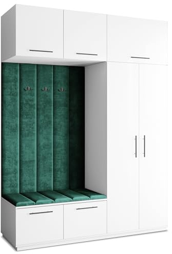 Masseno Flugarderoben Set Rema, Kleiderschrank-Set mit Sitzbank, Garderobenschrank Flur mit 5 Regalböden, Weiß
