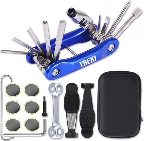 YBEKI Juego de reparación para bicicleta, 3 en 1, con parches sin pegamento, multiherramienta con remache para cadena y bolsa impermeable para sillín – para bicicletas de carreras, bicicletas de