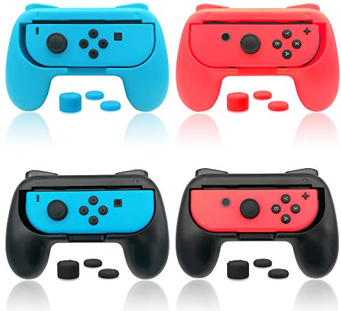 Griffe Halterung für Joy Con Switch & Switch OLED-Modell mit Daumen Griffkappen, (4 Pack) Gummioberfläche Joy Controller Grip Halter mit Joystick Kappen Zubehör - Blau/Rot/Schwarz