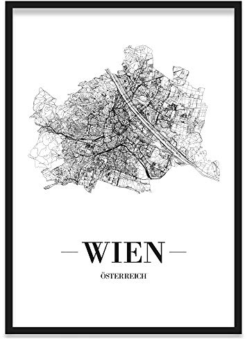 JUNIWORDS Stadtposter, Wien, Wähle eine Größe, 21 x 30 cm, Poster mit Rahmen, Schrift A, Weiß
