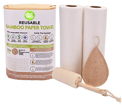 Bamboo Paper Towels Reusable Washable - 2 Rolls 1 Year Supply & Natural Loofah Sponges For Kitchen | Eco Friendly Paper Towel Alternative For Heavy Duty Cleaning | Zero Waste Unpaper Towels