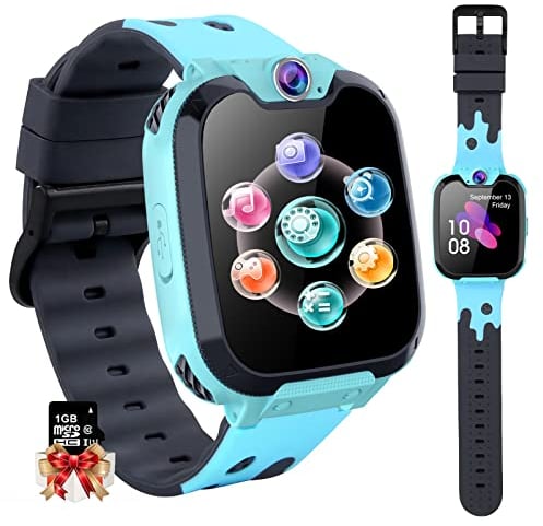 PTHTECHUS Kinder Smartwatch Telefon - Smartwatch Kinder Uhr Telefon Anruf Mit SOS Schrittzähler Videorecorder Taschenlampe MP3-Musik 7 Spiele Wecker, Geschenke für Mädchen von 6-10 Jahren, Blue