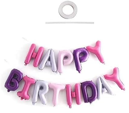 Happium Happy Birthday Balloon Banner - 16 inch Letter Foil Party Decoration Bunting - Include Straw & Ribbon Milky Purple