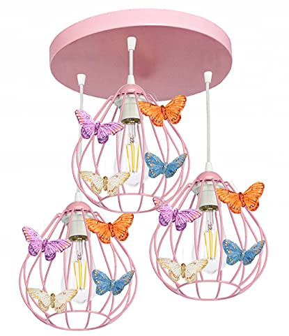 INTERBERG Lampada da soffitto per cameretta dei bambini, farfalla rosa, cameretta per ragazzi con motivo farfalla