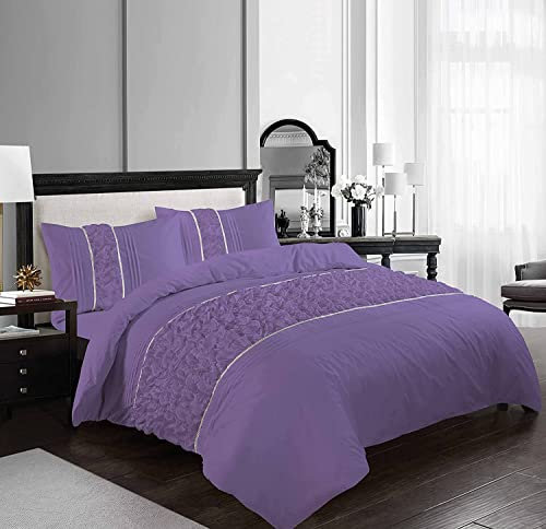 Night Zone Ruffled Diamond Lace Sequence Aurora Luxury Bedding Easy Care Polycotton Duvet Cover Set (Lilac, Double)