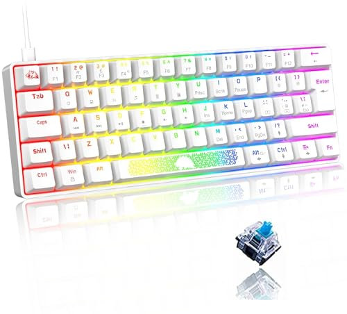 LEAVEN T60 60% Compact Mini Clavier de Gaming mécanique Illumination RVB Rétroéclairé LED Keyboard USB Type c Filaire QWERTY UK PBT Keycap Anti-Ghosting Ergonomique pour PC Mac - Blanc Blue Switch