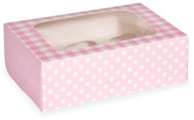 Anniversary House Pink Cupcake Box with Window and Removable 6 Hole Insert, Gingham and Polka Dot Print, Easy Assembly, 7.5 x 16 x 23 CM, J157