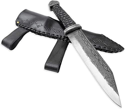 Madhammers Sax Handgeschmiedetes Federstahl Messer - Scharfe & Spitze Klinge mit schwarz Echtledertasche Kunst- & Kulturliebhaber - Gesamtlänge 34,7 cm