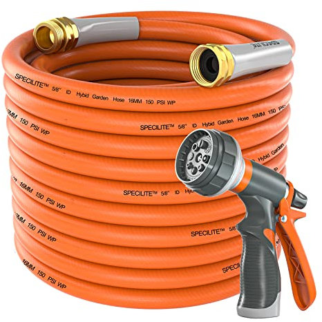 SPECILITE Tubo da giardino in gomma 15,2 m x 5/8, flessibile e leggero con ugello, scoppio 600 psi, tubo ibrido resistente per cortile