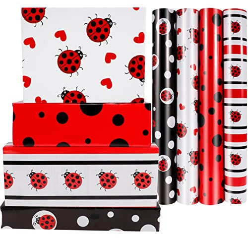 Konsait Ladybug Geschenkpapier großes Blatt flaches Geschenkpapier für Männer Frauen Jungen und Mädchen Geschenkpapier Geburtstag 4 verschiedene Designs 70 x 50 cm – 12 Blatt