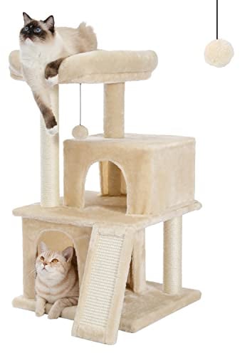 PETEPELA Katzenbaum Kratzbaum Kratzbäume Katzenmöbel mit Sisal-Seil Plüsch Liege höhlen Spielhaus Spielzeug für Katzen Beige