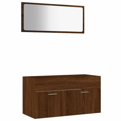 vidaXL Badmöbel Set 2 TLG., Badezimmerschrank mit viel Stauraum, Waschbeckenunterschrank mit Spiegel, Badspiegel Badschrank, Braun Eichen Optik Holzwerkstoff