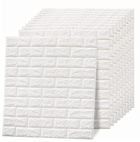 Buachois Carta da Parati 3D 10 Pz, Carta da Parati in Mattoni 3D in Bianco, Pannello in Finto Mattone Impermeabile Autoadesivo, per Soggiorno Lobby Camera da Letto Hotel Office