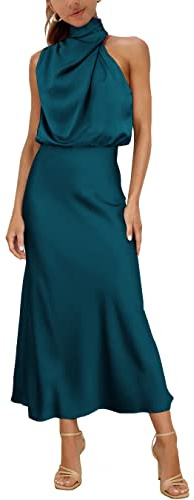MIRGLER Kvinnors mocka hals satin elastisk hög midja bröllop gäst afton cocktail fest elegant formell maxi klänning, Påfågelsblå, S
