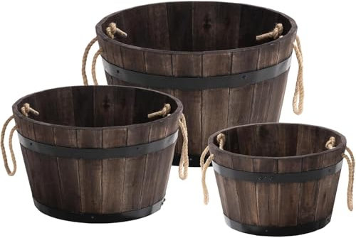 IDZO 3er Set Holz Blumenkästen Outdoor Langlebige Akazienholz Fass Pflanzgefäße für Outdoor-Pflanzen mit ergonomischen Griffen, Drainagelöchern, Mehrere Größen Holz Eimer Pflanzgefäß für Home Decor