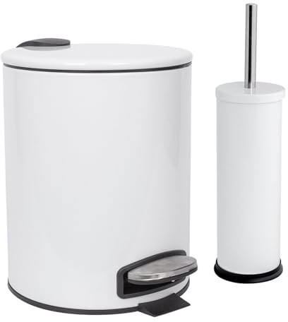 Harbour Housewares 5L Bathroom Bin & Brush Set - White - 2pc Round Stainless Steel Pedal Bin & Toilet Brush Set Slim Small Trashcan for Kitchen Waste, Bathroom Rubbish