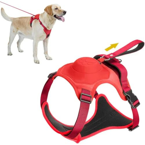 umsl AMOBOX Hundegeschirr für mittelgroße Hunde mit integrierter einziehbarer Leine, robuster Frontclip, kein Ziehen, verstellbar, Rot, XL