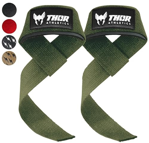 THOR ATHLETICS Zughilfen für Krafttraining & Powerlifting - Hebehilfen Krafttrainingsgurte für Männer und Frauen mit kostenlosem E-Book - Fitness Gym Handgelenkschlaufen (Armeegrün)