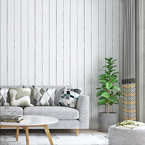 FNMHime Vlies-Tapete mit weißen Streifen, nostalgische Holzmaserung, mediterraner Stil, Bekleidungsgeschäft, Café, Restaurant, Schlafzimmer, Wohnzimmer, TV-Hintergrund, Wand, 52 cm B x 100 cm L, nicht