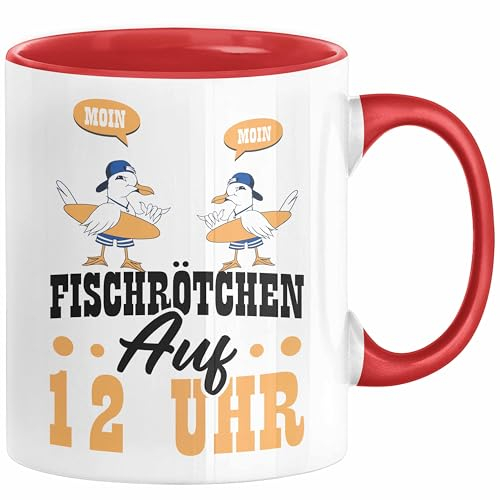 Moin Tasse Geschenk Norddeutschland Sylt Norderney Möwen Fischbrötchen Geschenkidee Norddeutschland (Rot)