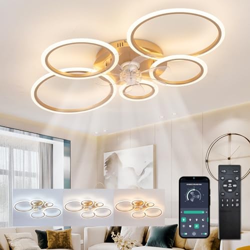 ycwdcz Plafoniera con Ventilatore da Soffitto, Anelli Lampadario Led con Ventilatore da Soffitto, Dimmerabile, Motore DC, Modalità Estate Inverno, Ventola Soffitto con Luce e Telecomando, Oro