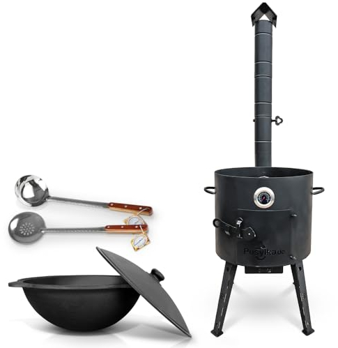 Utschak Feuerofen mit Thermometer Gusseisen Topf Kazan runder Boden mit Deckel (12 L) Schaumlöffel 48 cm Schöpfkelle 48 KazanoFF, Учаг, Feuerschale, Camping, Kazan, Gulaschkanone Dutch Oven (Set 3)