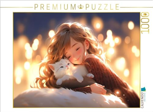CALVENDO Puzzle Manga Illustration - Mädchen und Katze | 1000 Teile Lege-Größe 64 x 48 cm Foto-Puzzle für glückliche Stunden