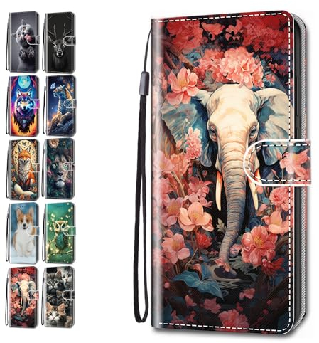 Flip Case for iPhone XR Animal Print Pattern Design with Card Holder Leather Wallet Phone Cover for Girls Boys Women Men - Elephant Flower