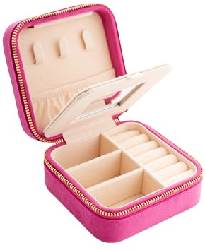 Lucoro - Schmuckkasten, Schmuck-Reiseetui, Reißverschluss, Spiegel, Schmuck aufbewahrung, 10x10x5cm, Samt Schmuckschattulle, Schmuckorganizer, Schmuckbox (Pink)