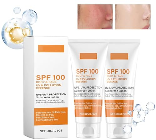 Sonnencreme LSF 100, Sunscreen SPF 100, Sunscreen Lotion, Sonnenlotion mit UVA/UVB-Schutz, Feuchtigkeitsspendende, Anti-Aging Sonnencreme für Gesicht und Körper, Nicht-fettend, Wasserfest (2 Stück)