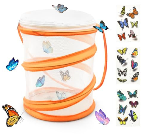 4pcs Insect Butterfly Habitat Cage Set, Small Portable Butterfly Bug Catcher Mesh Net with Butterfly Stickers, Insects Plant Cage for Kids Science(Orange)