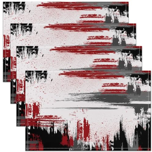 Set Von 4Tie Dye Platzmatten, Rote Schwarze Linien Tischmatten, Gradient Tripes Muster Tischsets, Ästhetisches Abstraktes Thema wasserdichte Tischsets für Küchentisch, Anti Rutsch Abwischbar 45Bx30L