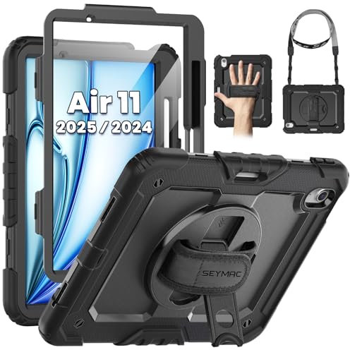 SEYMAC Hülle für iPad Air 11 Zoll M3 2025/M2 2024 (Air 7th/6th Generation), Heavy Duty Stoßfest Schutzhülle mit Displayschutz, drehbarem Ständer und Hand-/Schultergurt, Schwarz