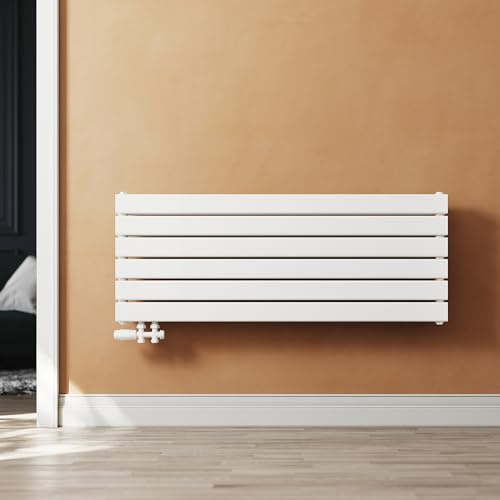 SUNXURY Chauffage de panneau design 465 x 1200 mm, horizontal, double couche, avec raccord latéral multibloc blanc, chauffage de salle de bain blanc