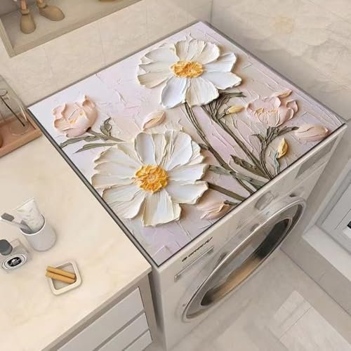 Odot Cubierta para Lavadora, 3D Flor Blanca Protector Superior Lavadora y Secadora, Alfombra para Lavadora Antideslizante para Lavadora Microondas Refrigerador (F,50x60cm)