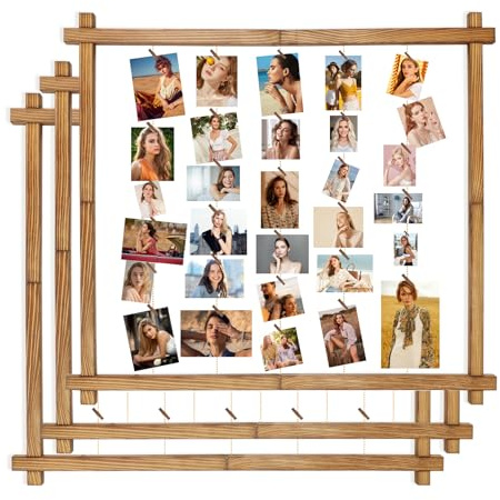 Holz-Bilderrahmen, Collage, Foto-Display mit 30 Clips, hängende Bildtafel, Wanddekoration für Abschluss, Briefe, Postkarte, Grußkarte, Organizer, Kiefer, verstellbare Metallschnur, 3 Stück,