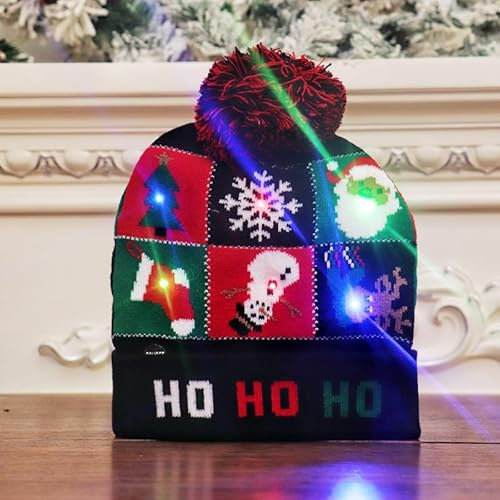 Colexy Weihnachtsmütze LED, Weihnachten LED Strickmütze Unisex Weihnachten Beanie Hat Weihnachten Mütze mit LED Lichtern, Wintermütze für Erwachsene und Kinder, Ideal für Weihnachtsparty (Schwarz)