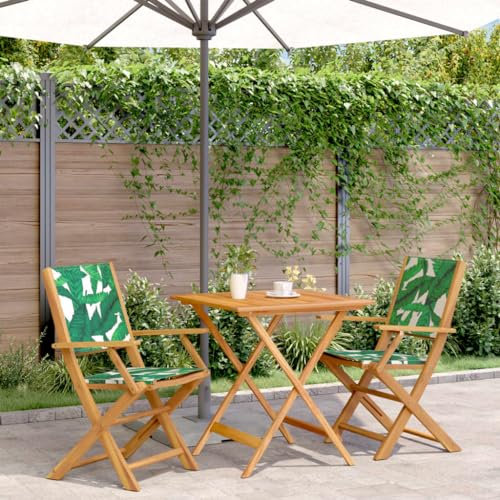 FENLAX 3-TLG. Bistro-Set Blattmuster Stoff und Massivholz Balkonmöbel Balkontisch Klapp Möbel Balkonset mit Stühle Terrassenmöbel Gartengarnitur Gartenmöbel Set Terrassetisch