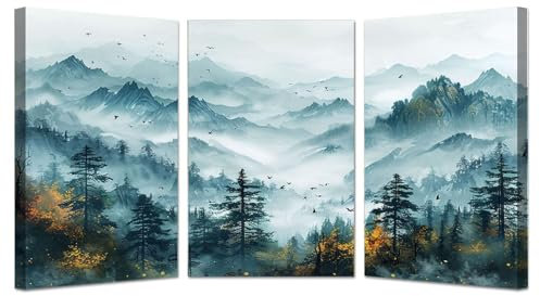 WQBQKKX Gris,blanco Set de 3 Lienzo Cuadros Decoracion Salon Paisaje, Montaña de tinta Pintura Cuadros Decorativos Salón Dormitorio Comedor Oficina-70x100cmx3 Enmarcado